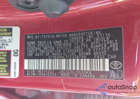 2015 Toyota Corolla S из США, поврежденный, VIN 2T1BURHE7FC338799